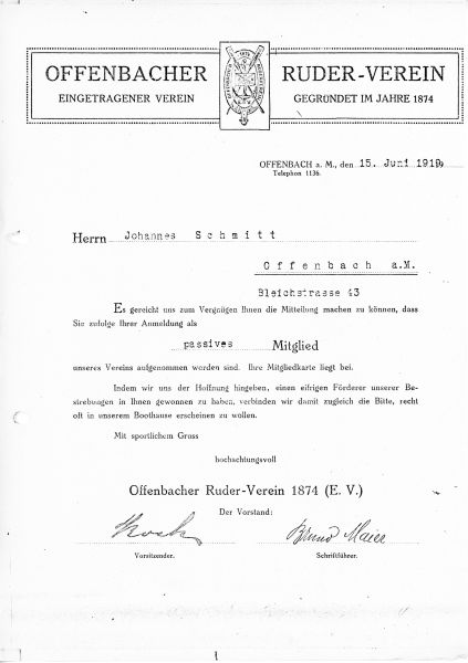 Mitgliedsbestätigung Johannes Schmitt