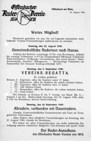 Information Jahresaktivitäten - 2. Halbjahr 1920